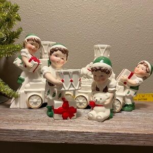 Lenox Holiday Elf salt and pepper shakers with train candle holders